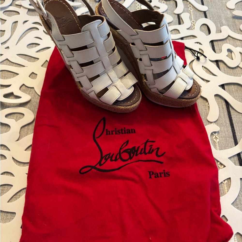 Christian Louboutin White Strappy Espadrille Wedge Sandals